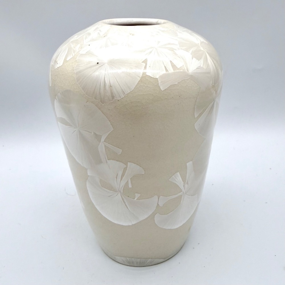 Crystalline Glaze Studio Pottery Vase Cream White Floral 5.75in Signed